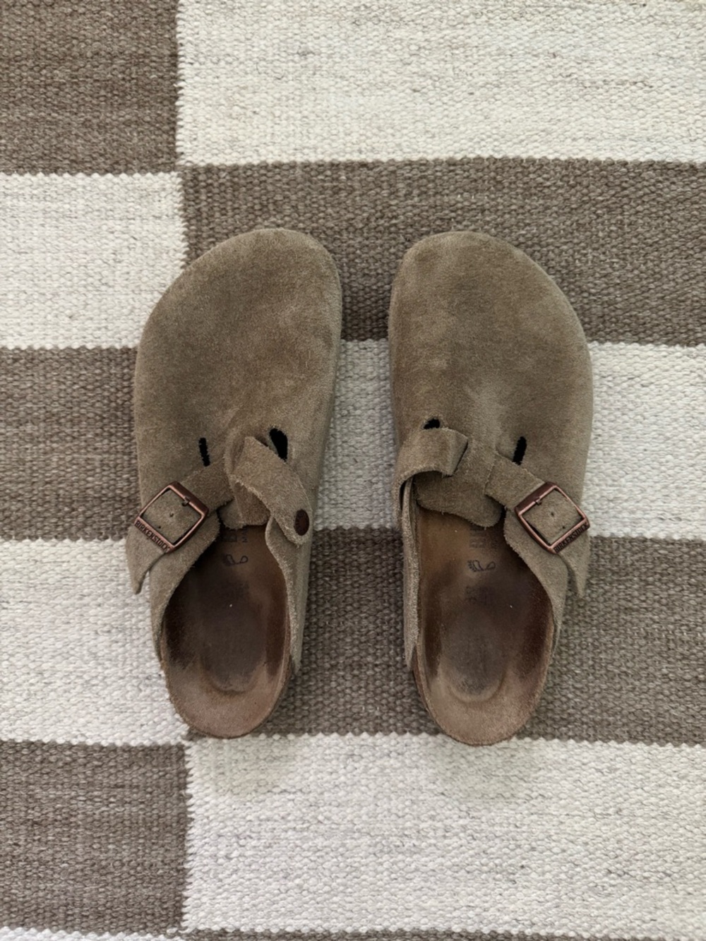 Birkenstock Boston Clog Mule in Taupe Suede with Copper Buckle
